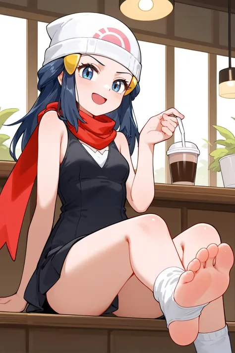 score_9, score_8_up, masterpiece, best quality,
1girl <lora:dawn_(pokemon):1>, commentary_request, pink_background, white_headwear, hairclip, red_scarf, solo, :d, small_breasts, looking_at_viewer, hand_up, pink_skirt, sleeveless_shirt, beanie, highres, bare_shoulders, dawn_\(pokemon\), black_shirt,
,
(playful and mischievous expression, a seductive look, a come-hither expression), (cheeky look, self-satisfied, smirking, sly, cunning expression), (open mouth),
indoor, cafe, coffee shop, closed up focus feet ((wearing white dirty socks)) , closed up soles,<lora:feet_anime_xl_v1c:0.5>