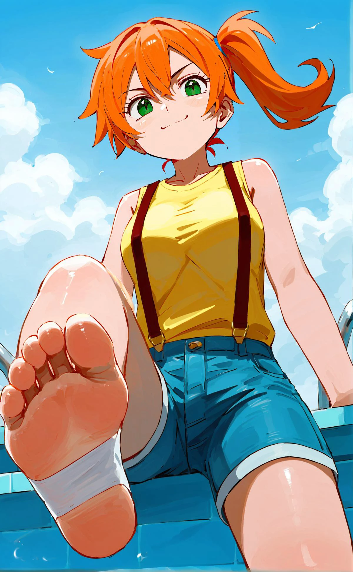 score_9,score_8, score_8_up, masterpiece, best quality, (mature), (Confident, smirking character with playful expression),
(low angle shot), (low-angle shot), (worm's eye view), (Upshot),
1girl, <lora:Misty:0.7:lbw=CLOTHING>, misty, solo, outdoors, green eyes, orange hair, side ponytail, yellow shirt, sleeveless shirt, denim shorts, suspenders,
(playful and mischievous expression, a seductive look, a come-hither expression),
(swimming pool), sitting down on the chair, (showing her white socks, socks sole),
<lora:SeatedPose_SBS_V2_4e-4_multistep_8,15,20_R64_opendalle_v11:0.5:lbw=FEET> <lora:feet_anime_xl_v1c:1:lbw=FEET> focus feet