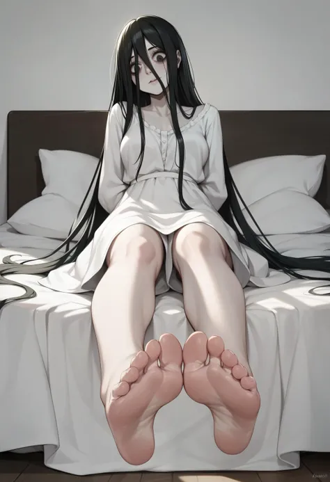score_9,score_8_up,score_7_up,score_6_up,source_anime,yamamura sadako,feet,soles,sitting,arms_behind_back,bed,foot_focus,front view,from_below,<lora:feet_anime_pony_v1:1>,