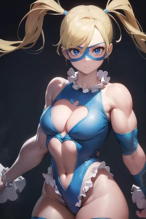 rainbowmika, <lora:rainbowmika-lora-nochekaiser:1>,
rainbow mika, blonde hair, blue eyes, hair pulled back, long hair, muscular, muscular female, twintails, <lora:doyagao_v080:1>, smile,
BREAK bare shoulders, blue leotard, clothing cutout, domino mask, heart cutout, knee pads, leotard, mask, shoulder cutout, thick thighs, thighs, wrestling mask, wrestling outfit,
BREAK indoors,
BREAK looking at viewer, (cowboy shot:1.5),
BREAK <lyco:GoodHands-beta2:1>, (masterpiece:1.2), best quality, high resolution, unity 8k wallpaper, (illustration:0.8), (beautiful detailed eyes:1.6), extremely detailed face, perfect lighting, extremely detailed CG, (perfect hands, perfect anatomy),