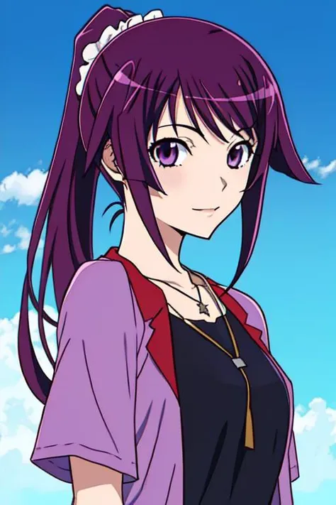Senjo_Hitagi, senjougahara_hitagi, 1girl, solo, purple_hair, long_hair, ponytail, black_shirt, necklace,<lora:senjougaharaHitagi_v10 (2):0.8>