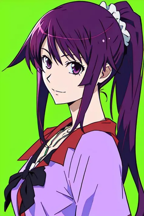 Senjo_Hitagi, senjougahara_hitagi, 1girl, solo, purple_hair, long_hair, ponytail, black_shirt, necklace,<lora:senjougaharaHitagi_v10 (2):0.8>