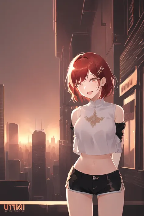 photo of a iom girl, masterpiece, best quality, high resolution, an extremely delicate and beautiful, finely detailed eyes and face, hyper detailed, (cute face:1.4), (girl:1.5), seductive smiling, open mouth, black and white crop top, (short shorts:1.4), red hair, (city background:1.3), (arms behind back:1.5), cowboy shot, ((marvelous illustration)), (detailed splash), extremely detailed CG unity 8k wallpaper, ((ultra-detailed)), (best illustration), (best shadow), ((an extremely delicate and beautiful)), ((cinematic light)),