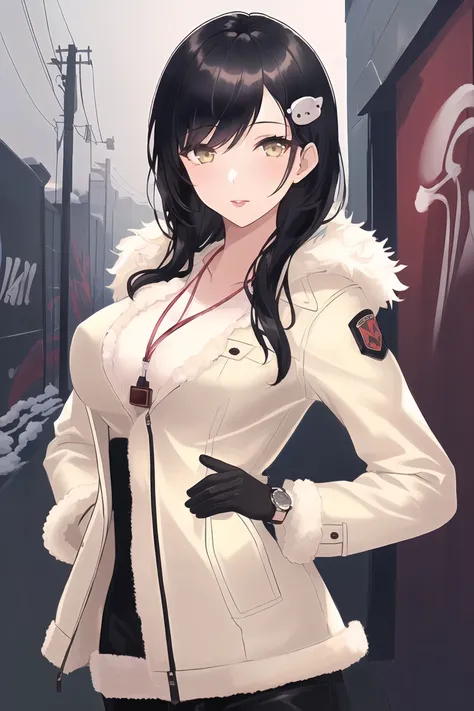 photo of a iom girl, artstation original character, (masterpiece, best quality, highres:1.2), (ultra_detailed, 4k, UHD:1.2), (pixiv:1.1), (ligne claire:1.2), noise reduced, distinct, vivid, black hair, unreal engine, from front, sidelighting, perfect face, detailed face, lipstick, perfect body, upper body, beautiful eyes, pretty face, (1girl:1.4), (bishoujo:1.2), looking at viewer, cant be this cute, medium-large breast, fur trim, (bright skin:1.4), young girl, (graffiti background), hair ornament, (ivory Shearling jacket:1.3), wristwatch, dog tags, holding helmet, long hair, medium breast, gloves, outdoor, snowy weather, cowboy shot, extremely detailed CG unity 8k wallpaper, ((ultra-detailed)), (best illustration), (best shadow), ((an extremely delicate and beautiful)), ((cinematic light)),