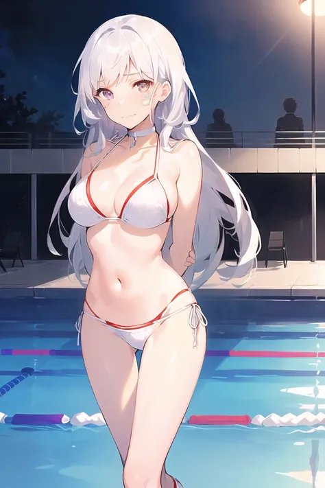 photo of a iom girl, masterpiece, 1girl, best quality, high resolution, extremely detailed CG, 8k, an extremely delicate and beautiful, finely detailed eyes and face, hyper detailed, (cute face:1.5), white hair, long hair, (knitted bikini:1.4), (leg choker:1.4), pool of night background, standing, (arms behind back:1.4)