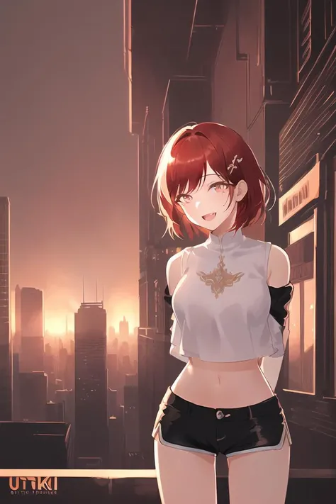 photo of a iom girl, masterpiece, best quality, high resolution, an extremely delicate and beautiful, finely detailed eyes and face, hyper detailed, (cute face:1.4), (girl:1.5), seductive smiling, open mouth, black and white crop top, (short shorts:1.4), red hair, (city background:1.3), (arms behind back:1.5), cowboy shot, ((marvelous illustration)), (detailed splash), extremely detailed CG unity 8k wallpaper, ((ultra-detailed)), (best illustration), (best shadow), ((an extremely delicate and beautiful)), ((cinematic light)),
