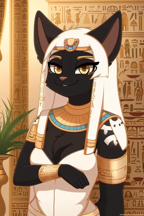 solo, anthro, Egyptian cat, fluffy black fur, yellow eyes, Egyptian clothing, (Egyptian tattoos:1.1), gold jewelry, smug, smirking, long white hair, by_autumndeer, (by_pinkcappachino:0.8)