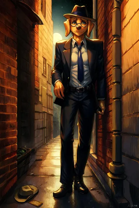 solo, anthro male golden retriever, detective, fedora, glasses, alleyway, midnight, moonlight, by_ailaanne, (by_shaolin_bones:0.8), (by_kenket:0.4)