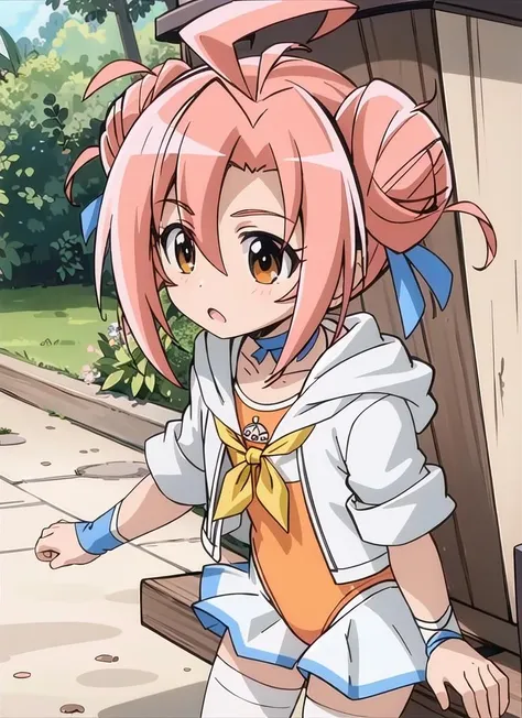 <lora:laila-april_v11:0.8> laila april, double bun, hair ribbon, one-piece swimsuit, side-skirt, hooded jacket, neckerchief, wristband, legband, choker, hyper detailed