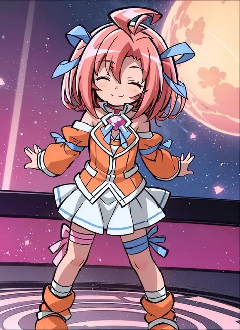 <lora:laila_3_locon3-000010:1> laila april, orange shirt, bare shoulders, white skirt, hair ribbon, leg ribbon, full body, wide stance, arms behind back, smile, closed eyes, hyper detailed