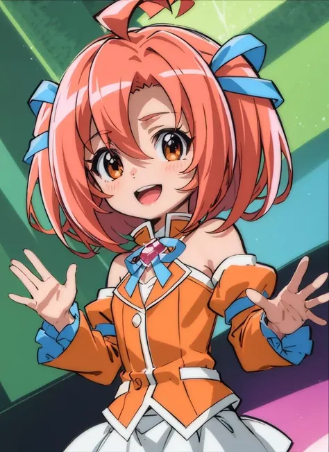 <lora:laila_3_locon3-000010:0.8> laila april, orange shirt, white skirt, bare bare shoulders, hair ribbon, upper body, portrait, waving hands, looking at viewer, :d