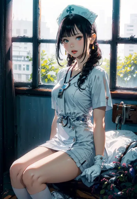 1girl, (solo:1.2), (cowboy shot:1.2), (Beautiful and detailed eyes description), (Beautiful and detailed face), Perfect female body, neat figure, slender waist, (young girl), (21 years old), long hair, very big eyes, small breasts, blush, shy, watery lips, <lora:newjeansHanniV1:1>
nurse, (transparent nurse dress), nurse cap, unbuttoned, (white gloves:1.2), (white pantyhose), high heels, necklace, earrings,
indoors, school nurse, hospital bed, window, white curtains, sunlight,
(best quality), (ultra detailed), (masterpiece), (highres), (original), (extremely detailed CG unity 8K wallpaper), character design, game cg, detailed manga illustration,
