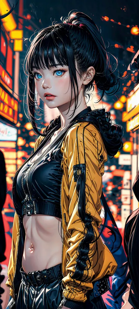 1girl, masterpiece, best quality, high quality, extremely detailed, hdr, absurdres, <lora:newjeansHanniV1:1> Hanni, (black eye color), (black eyes), (black pupil), small breasts, pleated skirt, crop top, ((knitted shirt)), dark intense shadows, cinematic lighting, expressionless, blank stare, (ultra detailed eyes:1.4), hands on waist, dynamic lighting, detailed face, realistic face, (jacket_partially_removed:1.5), clear lines, ((neon lights)), ((korean street)), ((night)), ((outside)), <lora:Elixir:0.5>, <lora:add_detail:0.5>,