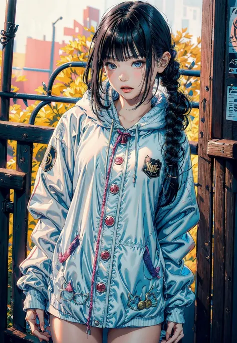 1girl, (solo:1.2), (cowboy shot:1.2), (Beautiful and detailed eyes description), (Beautiful and detailed face), Perfect female body, thighhighs, neat figure, slender waist, (young girl), (21 years old), small breasts, blush, shy, watery lips, <lora:newjeansHanniV1:1> Hanni, hood down, jacket, hood, necklace, earrings, long sleeves, sleeves past wrists, hooded jacket, hair ornament, hoodie, hairclip, button badge, hair between eyes, puffy long sleeves, puffy sleeves, black bow, badge, drawstring, japanese street, night, (best quality), (ultra detailed), (masterpiece), (highres), (original), (extremely detailed CG unity 8K wallpaper), character design, game cg, detailed manga illustration, <lora:Elixir:0.5>, <lora:add_detail:0.5>