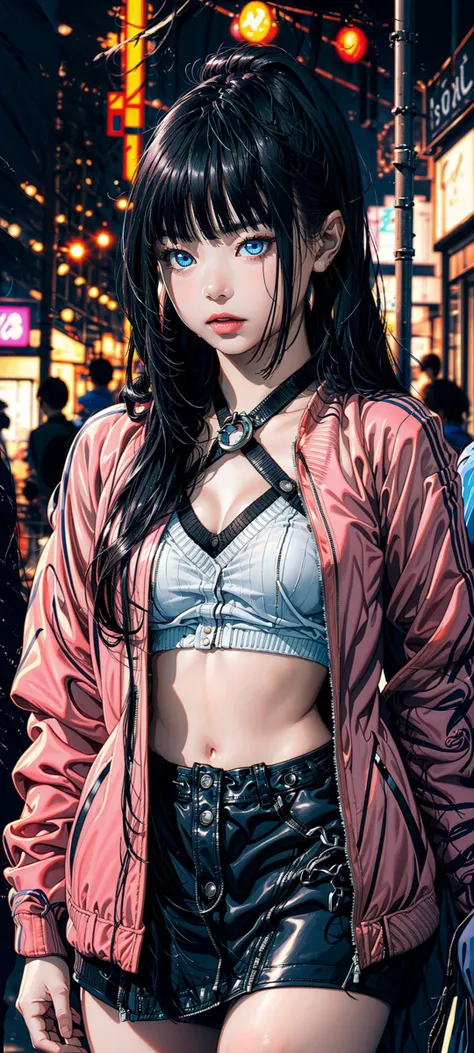 1girl, masterpiece, best quality, high quality, extremely detailed, hdr, absurdres, <lora:newjeansHanniV1:1> Hanni, (black eye color), (black eyes), (black pupil), small breasts, pleated skirt, crop top, ((knitted shirt)), dark intense shadows, cinematic lighting, expressionless, blank stare, (ultra detailed eyes:1.4), hands on waist, dynamic lighting, detailed face, realistic face, (jacket_partially_removed:1.5), clear lines, ((neon lights)), ((korean street)), ((night)), ((outside)), <lora:Elixir:0.5>, <lora:add_detail:0.5>,