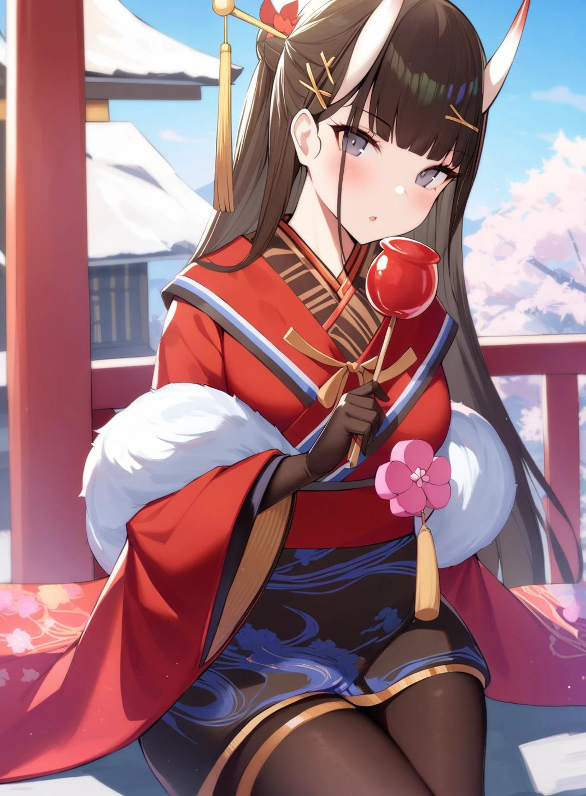 <lora:noshiro_XL_v1.0:1>,noshiro_\(azur lane\), long_hair, hair_ornament,fur-trimmed_kimono ,wide_sleeves, gloves, outdoors,sitting,looking_at_viewer, cowboy shot, holding candy apple, masterpiece, best quality, very aesthetic, absurdres,