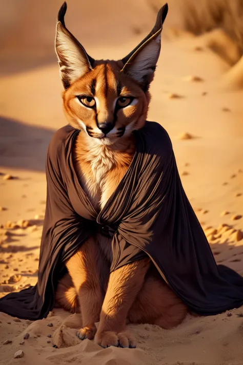 highres,(intricate details:1.2),(perfect details), unity CG 8K wallpaper,masterpiece,(female:1.3),1girl, furry, (anthro:1.4), caracal,caracalcat,ningmao,adorable, sand, Africa,desert robe, <lora:add_detail:0.4> <lora:aki:0.9>