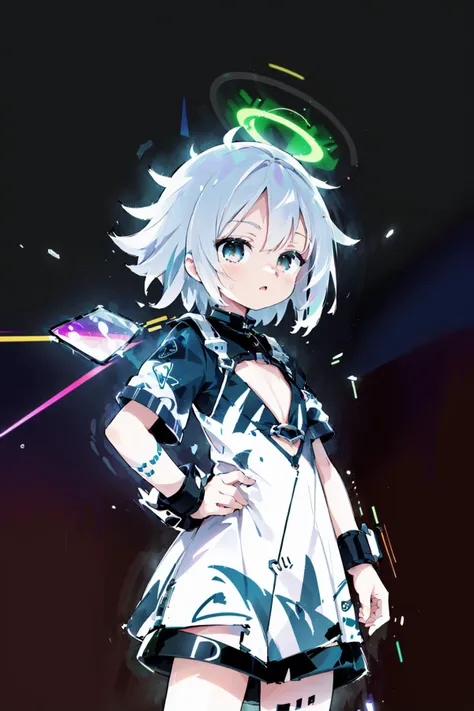 (succubus:1.2), (1 girl:1.2), solo, (short white hair:1.2) , (refreshing eyes:1.1) ,(crazy smile:0.8), (flat chest), (dress), (glitch digital glowing wings), (beautiful detailed eyes:1.0), (detailed face:1.0), (one hand on hip:1.2), psychedelic art, glitch art, abstract art, concept art, (point_color:1.4),(RGB Splitting:1.3),(god rays), (extremely detailed light), (science_fiction:1.2), (trippy:1.2),(colorful ink ), (floating colorful ink droplet ), (triangle shape:1.3), (Lilith of night:1.3), (data flow), (gradient_background:1.1),(glitch background),(pixel digital halo:1.2), (fluorescent graffiti :1.2),(neon light:1.2), (glowstick:1.2), (floating triangle glass fragments:1.2)<lora:SilvermoonMix02_2:1>,aura, <lora:ultrainstinct_v3_offset:1>