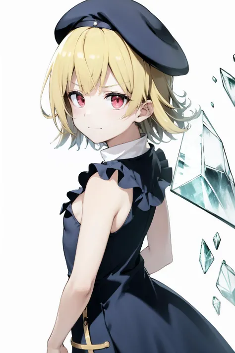 best quality,masterpiece, 8k official wallpaper, ultra detailed,absurdres,lens flare,(white theme:1.1),(halftone:1.2),dynamic angle,depth of field, (white background:1.2), (broken transparent glass:1.1),glass flagment,transparent crystal,Gothic, BREAK beautiful detailed girl,pale blonde hair,kawaii,(sad smile:0.9),(blank stare:1.1),emotionless eyes,silky hair,red eyes,flat chest,upper body,face focus,(look back:1.2),looking at viewer,arms behind back,(beret:1.1),ribbon trim,(blue frilled dress:1.2),floating hair<lora:SilvermoonMix02_V73:1>
