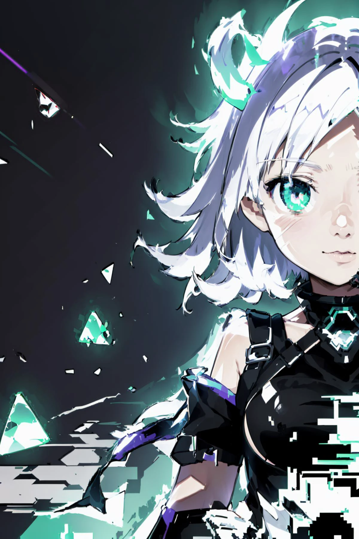(succubus:1.2), (1 girl:1.2), solo, (short white hair:1.2) , (refreshing eyes:1.1) ,(crazy smile:0.8), (flat chest), (dress), (glitch digital glowing wings), (beautiful detailed eyes:1.0), (detailed face:1.0), (one hand on hip:1.2), psychedelic art, glitch art, abstract art, concept art, (point_color:1.4),(RGB Splitting:1.3),(god rays), (extremely detailed light), (science_fiction:1.2), (trippy:1.2),(colorful ink ), (floating colorful ink droplet ), (triangle shape:1.3), (Lilith of night:1.3), (data flow), (gradient_background:1.1),(glitch background),(pixel digital halo:1.2), (fluorescent graffiti :1.2),(neon light:1.2), (glowstick:1.2), (floating triangle glass fragments:1.2)<lora:SilvermoonMix02_2:1>,aura, <lora:ultrainstinct_v3_offset:1>