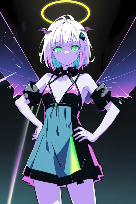 (succubus:1.2), (1 girl:1.2), (refreshing eyes:1.1) ,(crazy smile:0.8), (flat chest), (dress), (glitch digital glowing wings), (beautiful detailed eyes:1.0), (detailed face:1.0), (one hand on hip:1.2), psychedelic art, glitch art, abstract art, concept art, (point_color:1.4),(RGB Splitting:1.3),(god rays), (extremely detailed light), (science_fiction:1.2), (trippy:1.2),(colorful ink ), (floating colorful ink droplet ), (triangle shape:1.3), (Lilith of night:1.3), (data flow), (gradient_background:1.1),(glitch background),(pixel digital halo:1.2), (fluorescent graffiti :1.2),(neon light:1.2), (glowstick:1.2), (floating triangle glass fragments:1.2)<lora:SilvermoonMix02_2:1>, <lyco:GoodHands-beta2:1.0>, (abstract art:1.2), fractal art, psychedelic art,, __color__ theme, dark theme, flowers, cat ear fluff, (neon color), hyper fusion, cyber, hair ornament, somber expression, dark __color__ accent, masterpiece, best quality, ultra high res, award-winning art, highly detailed, beautiful aesthetic, ethereal, bubble atmosphere, (__emotion:1.2), heat haze, (summer shimmer:1.3), __aesthetic__,white hair,green eyes