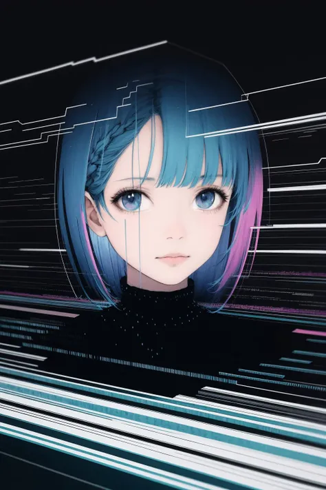 masterpiece, hyper detailed, best quality, extreme detailed, illustration, Delicate Composition, cowboy shot,
fussion of abstract and glitch art, (dynamic angle:1.1), 1 girl, (head tilt:0.6),solo, iridescent hair, flat chest, (blouse:1.0), (double exposure:1.0), glitch hair, fussion of glitch and hair,
simple background, light background, <lora:SilvermoonMix02_2:1>