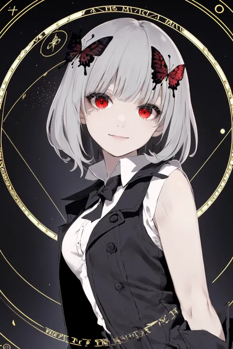masterpiece, (best quality:1.1), (1girl), solo, cowboy shot, (finely detailed eyes and detailed face:1.3), (illustration:1.1), field of depth, (extremely fine and beautiful:1.1), (black trench coat + beautiful detailed black vest + white shirt:1.1 + black tie + black skirt + black flower on head + black gloves), (white_hair + medium_hair + wavy_hair), (red eyes:1.1),small_medium breasts, eyelashes, , pale skin, evil smile, beautiful detailed fallen small city + detailed ruin, many object, beautiful and clear background:1.2, renegade, evil, ((Red butterflies flying|around the character:1.3 + red light particles:1.15), ((perfect magic circle:1.3)), many object <lora:SilvermoonMix02_2:1>