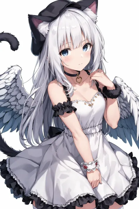 1girl, solo, animal ears, long hair, blue eyes, white hair, bangs, cat ears, multicolored hair
dress, white dress, thighhighs, hat, choker,wrist scrunchie,
white background
wings, tail, looking at viewer, animal ear fluff, white wings, angel wings, <lora:SilvermoonMix2:1>