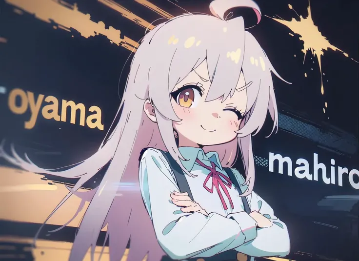aniscreen, OyamaMahiro, masterpiece, best quality
1girl, long white hair, detailed golden eyes, one eye closed, flat chest, ahoge
school uniform, suspenders, red ribbon
standing, crossed arms, (v-shaped eyebrows:1.2), smile, looking at viewer, one eye closed
SSBUSplashArt, bold texts
<lyco:Chara-Onimai_Characters-aniscreen,edstyle,manga cover,fanart,school uniform,suspenders,labcoat,bolo tie,OyamaMahiro,etc:0.7>