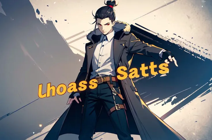 ultra detailed, masterpiece, best quality,
solo,
<lora:SSBUSplashArt:0.75> SSBUSplashArt, english text, dynamic pose, 
1boy, red eyes, <lora:Tsurime3:1>, (tsurime:1.2), black hair, undercut, top knot, parted bangs, long bangs, short hair, hair intakes, tall,
, (coat on shoulders:1.3), dress shirt, sleeves rolled up, fingerless gloves, holster, pants, belt, multiple belts, combat boots, bulletproof vest,