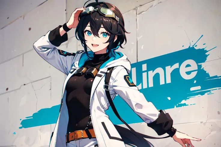 ultra detailed, masterpiece, best quality,
solo,
<lora:SSBUSplashArt:0.75> SSBUSplashArt, english text, dynamic pose,
smile,
1girl, (teal eyes:1.1), (aqua eyes:0.45), (black hair:1.2), <lora:low_ponytail-1.0:0.95> low ponytail, ahoge, low ponytail, absurdly long hair, very long hair, (hair flaps:1.2), flipped hair, hair between eyes, bangs, messy hair, small breasts,
(goggles on head:1.3), hooded coat, open coat, turtleneck, capri pants, black knee boots, multiple belts, multiple straps, white long jacket, white coat, (half-skirt:0.65), layered clothes, hair ribbon,