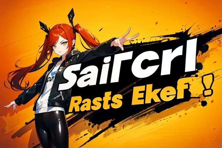 ultra detailed, masterpiece, best quality,
solo,
<lora:SSBUSplashArt:0.75> SSBUSplashArt, english text, dynamic pose,
1girl, red hair, (orange eyes:0.5), (amber eyes:1.3), swept bangs, parted bangs, medium hair, small breasts, <lora:Tsurime3:1>, (tsurime:1.2), (low twintails:1.35),
leggings, leather jacket, long shirt, combat boots, hoodie,
