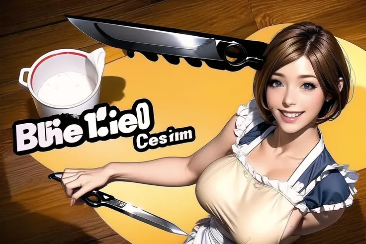 <lora:add_brightness:0.5><lora:add_detail:0.5>
Highly detailed, High Quality, Masterpiece, beautiful, (SSBUSplashArt), english text
<lora:SSBUSplashArt:1> woman,grin, large breast, tan, bang, black short hair, maid apron, kitchen knife, from above,