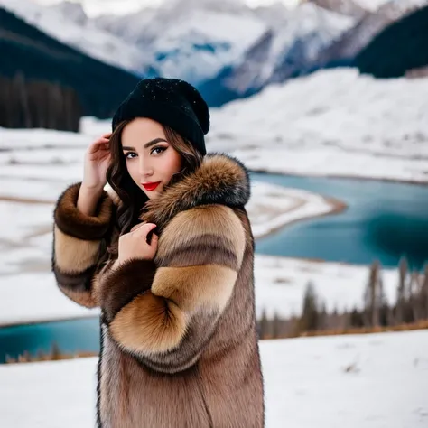 Realistic full potrait of beautiful romanian woman with makeup and fur jacket, shallow depth of field, snowy mountains as background