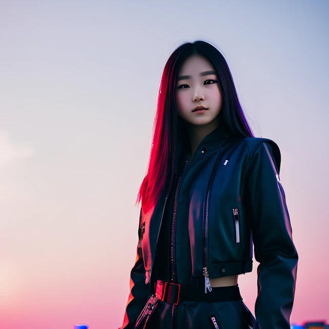 85mm - 135mm professional photo of an 18 years old cyberpunk robot girl, full body, hyper realistic, natural beauty, no filter, depth of field, natural light, fashion catalogue