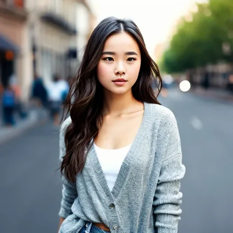 A young woman standing on the street, blur background, beatiful, photorealistic