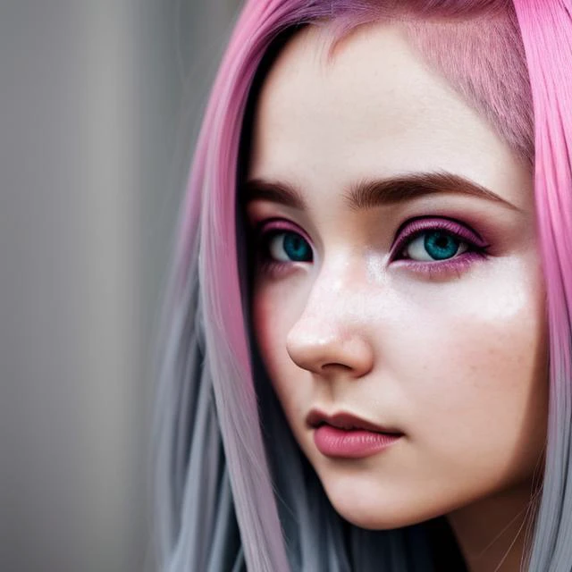 Portrait of a girl with pink hair and gray eyes, cinematic, slate gray atmosphere, soft cinematic light, adobe lightroom, hdr, intricate, highly detailed, muted colors, in front camera 50mm, by ilya kuvshinov sci-fi, faded, dim