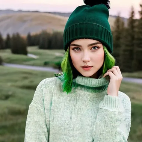 Masterpiece, best quality, green hair, sweater, looking at viewer, upper body, beanie, outdoors, watercolor, night, turtleneck
