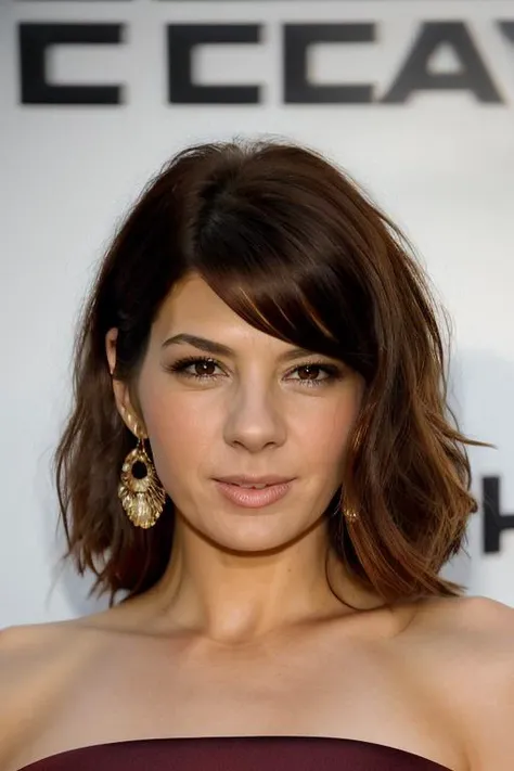 Realistic photo of a beautiful m4r1s4t woman, 1girl, solo, long hair, breasts, looking at viewer, smile, brown hair, dress, bare shoulders, brown eyes, jewelry, upper body, earrings, parted lips, lips, strapless, messy hair, realistic, soft lighting, professional Photography, Photorealistic, detailed, RAW, analog, sharp focus, 8k, HD, DSLR, high quality, Fujifilm XT3, film grain, award winning, masterpiece<lora:m4r1s4t:1.0>