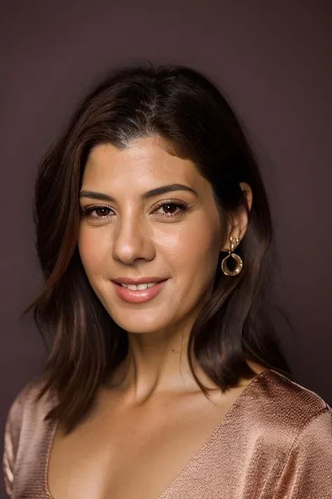 Realistic photo of a beautiful m4r1s4t woman, 1girl, solo, long hair, looking at viewer, smile, open mouth, brown hair, shirt, brown eyes, jewelry, upper body, earrings, teeth, lips, red background, realistic, soft lighting, professional Photography, Photorealistic, detailed, RAW, analog, sharp focus, 8k, HD, DSLR, high quality, Fujifilm XT3, film grain, award winning, masterpiece<lora:m4r1s4t:1.0>