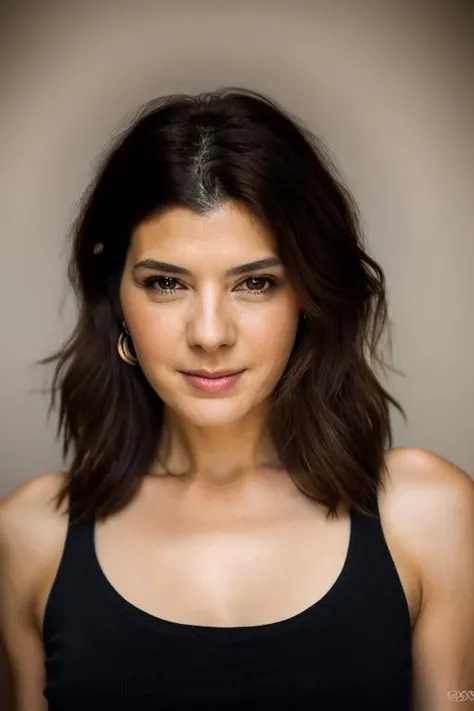 Realistic photo of a beautiful m4r1s4t woman, 1girl, solo, long hair, breasts, looking at viewer, smile, brown hair, black hair, bare shoulders, jewelry, upper body, earrings, covered nipples, lips, traditional media, tank top, realistic, soft lighting, professional Photography, Photorealistic, detailed, RAW, analog, sharp focus, 8k, HD, DSLR, high quality, Fujifilm XT3, film grain, award winning, masterpiece<lora:m4r1s4t:1.0>
