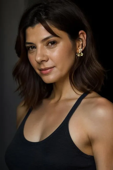 Realistic photo of a beautiful m4r1s4t woman, 1girl, solo, long hair, breasts, looking at viewer, smile, brown hair, black hair, bare shoulders, jewelry, upper body, earrings, covered nipples, lips, traditional media, tank top, realistic, soft lighting, professional Photography, Photorealistic, detailed, RAW, analog, sharp focus, 8k, HD, DSLR, high quality, Fujifilm XT3, film grain, award winning, masterpiece<lora:m4r1s4t:1.0>