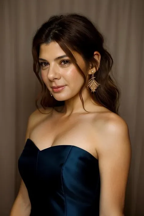 Realistic photo of a beautiful m4r1s4t woman, 1girl, solo, long hair, breasts, looking at viewer, smile, brown hair, dress, bare shoulders, brown eyes, jewelry, upper body, earrings, parted lips, lips, strapless, messy hair, realistic, soft lighting, professional Photography, Photorealistic, detailed, RAW, analog, sharp focus, 8k, HD, DSLR, high quality, Fujifilm XT3, film grain, award winning, masterpiece<lora:m4r1s4t:1.0>