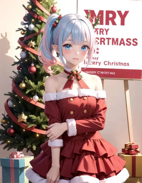 (Red Christmas dress:1.3), Christmas hair ornament, (glowing Christmas tree:1.3), (blush:1.2), Innocent, (shy:1.2), cute, Flat, Medium hair, Skirt, masterpiece, best quality, Side ponytail, (light pink hair:1.3), (gradient hair:1.0), white horns, Pointy ears, layered, frills, bare shoulders, sleeves, (Light blue hair:1.2), (Glowing sign text:1.3), blue eyes