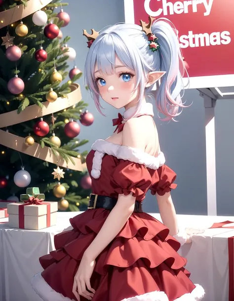(Red Christmas dress:1.3), Christmas hair ornament, (glowing Christmas tree:1.3), (blush:1.2), Innocent, (shy:1.2), cute, Flat, Medium hair, Skirt, masterpiece, best quality, Side ponytail, (light pink hair:1.3), (gradient hair:1.0), white horns, Pointy ears, layered, frills, bare shoulders, sleeves, (Light blue hair:1.2), (Glowing sign text:1.3), blue eyes
