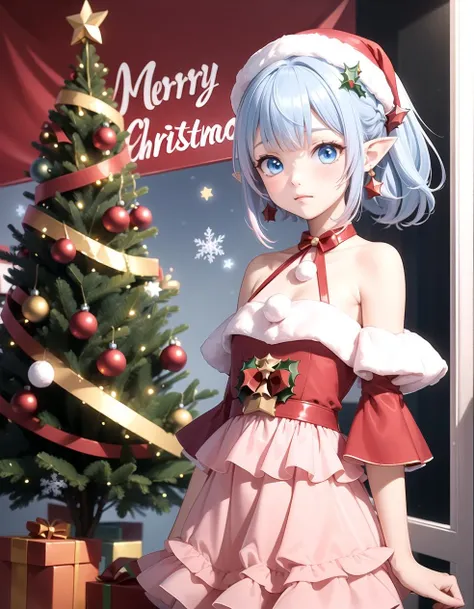 (Red Christmas dress:1.3), Christmas hair ornament, (glowing Christmas tree:1.3), (blush:1.2), Innocent, (shy:1.2), cute, Flat, Medium hair, Skirt, masterpiece, best quality, Side ponytail, (light pink hair:1.3), (gradient hair:1.0), white horns, Pointy ears, layered, frills, bare shoulders, sleeves, (Light blue hair:1.2), (Glowing sign text:1.3), blue eyes