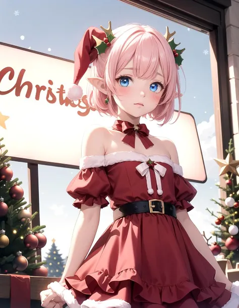 (Red Christmas dress:1.3), Christmas hair ornament, (glowing Christmas tree:1.3), (blush:1.2), Innocent, (shy:1.2), cute, Flat, Medium hair, Skirt, masterpiece, best quality, Side ponytail, (light pink hair:1.3), (gradient hair:1.0), white horns, Pointy ears, layered, frills, bare shoulders, sleeves, (Light blue hair:1.2), (Glowing sign text:1.3), blue eyes