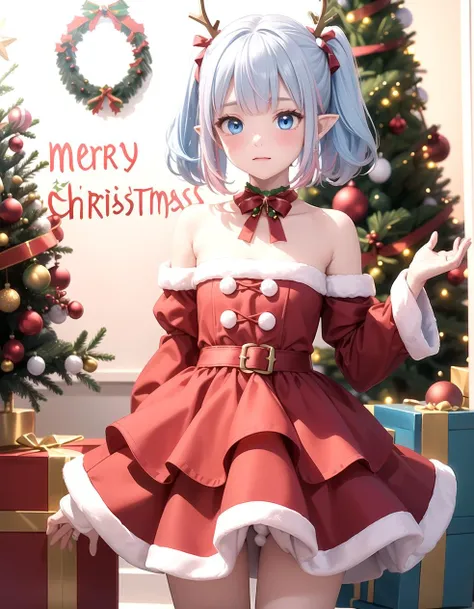 (Red Christmas dress:1.3), Christmas hair ornament, (glowing Christmas tree:1.3), (blush:1.2), Innocent, (shy:1.2), cute, Flat, Medium hair, Skirt, masterpiece, best quality, Side ponytail, (light pink hair:1.3), (gradient hair:1.0), white horns, Pointy ears, layered, frills, bare shoulders, sleeves, (Light blue hair:1.2), (Glowing sign text:1.3), blue eyes