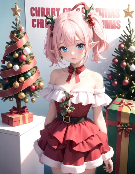 (Red Christmas dress:1.3), Christmas hair ornament, (glowing Christmas tree:1.3), (blush:1.2), Innocent, (shy:1.2), cute, Flat, Medium hair, Skirt, masterpiece, best quality, Side ponytail, (light pink hair:1.3), (gradient hair:1.0), white horns, Pointy ears, layered, frills, bare shoulders, sleeves, (Light blue hair:1.2), (Glowing sign text:1.3), blue eyes