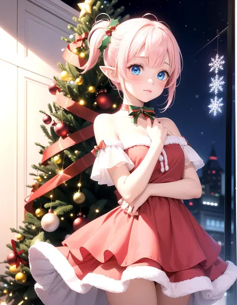 (Red Christmas dress:1.3), Christmas hair ornament, (glowing Christmas tree:1.3), (blush:1.2), Innocent, (shy:1.2), cute, Flat, Medium hair, Skirt, masterpiece, best quality, Side ponytail, (light pink hair:1.3), (gradient hair:1.0), white horns, Pointy ears, layered, frills, bare shoulders, sleeves, (Light blue hair:1.2), (Glowing sign text:1.3), blue eyes